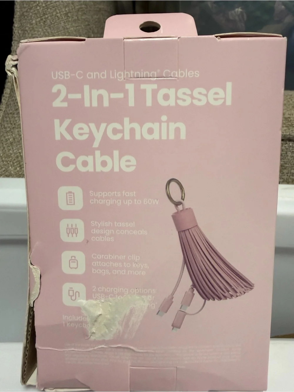 2-in-1 Tassel Keychain Cable - Pink Lightning & USB-C